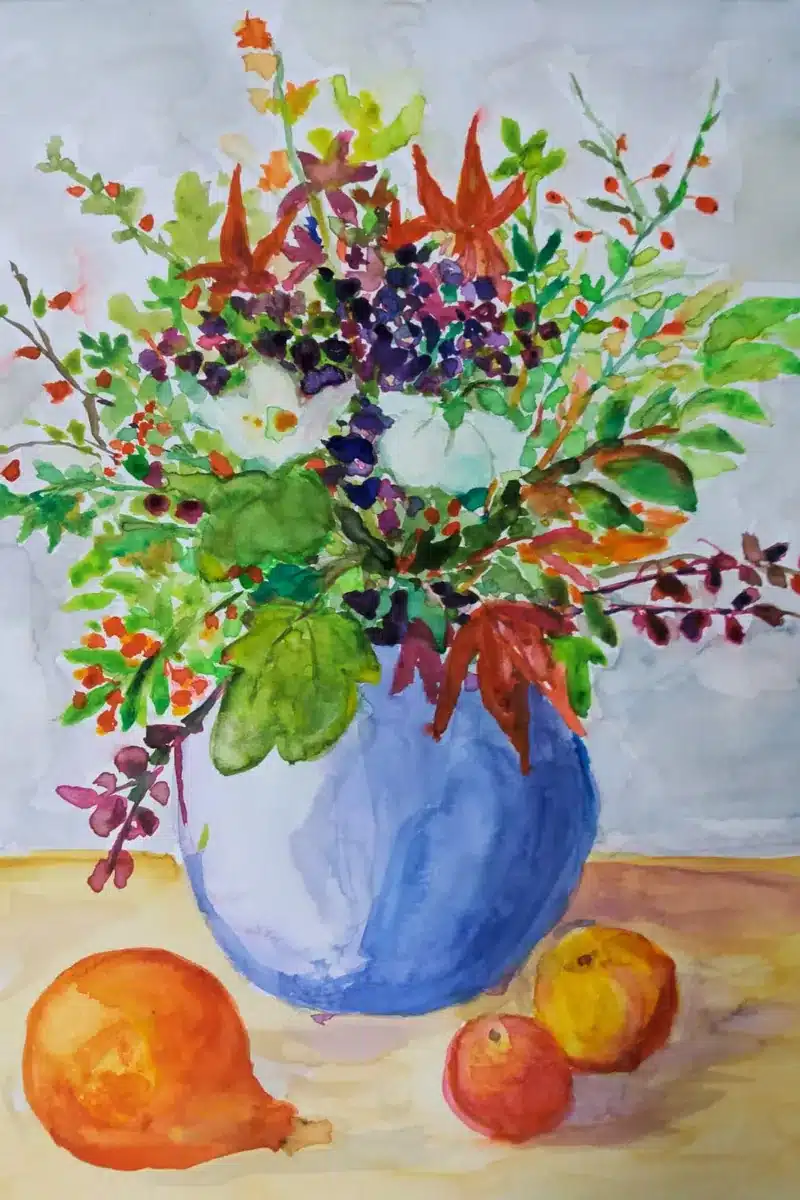 Aquarell bunter Blumenstrauß mit Früchten – Christiane Odefey
