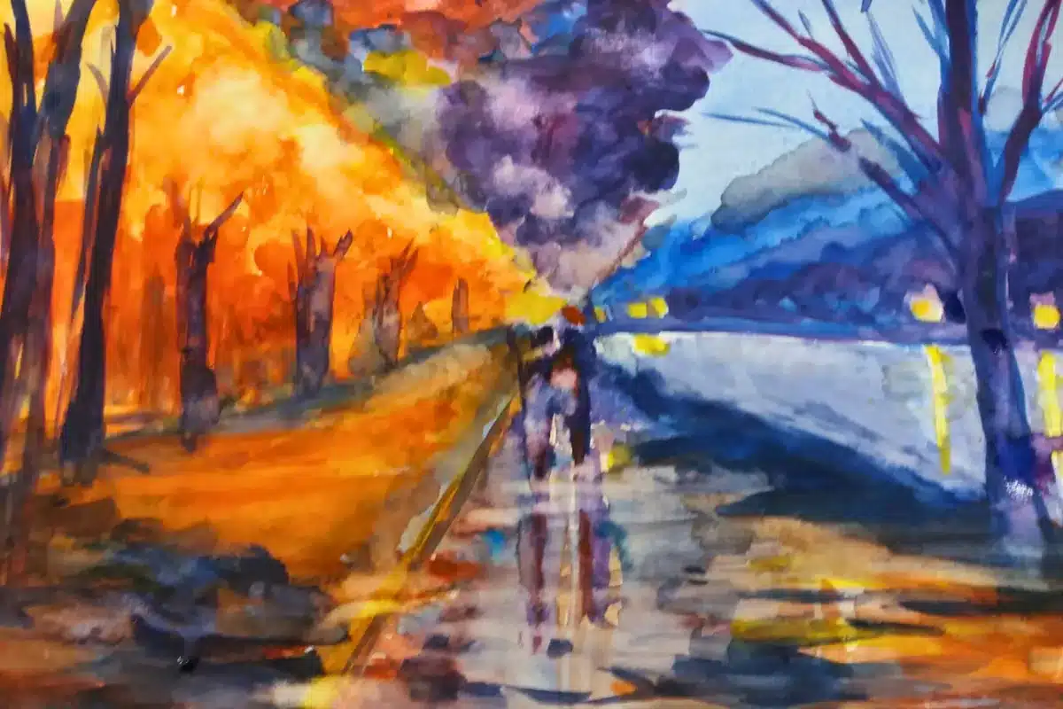 Aquarell Farbstudie Straße bei Nacht – Christiane Odefey