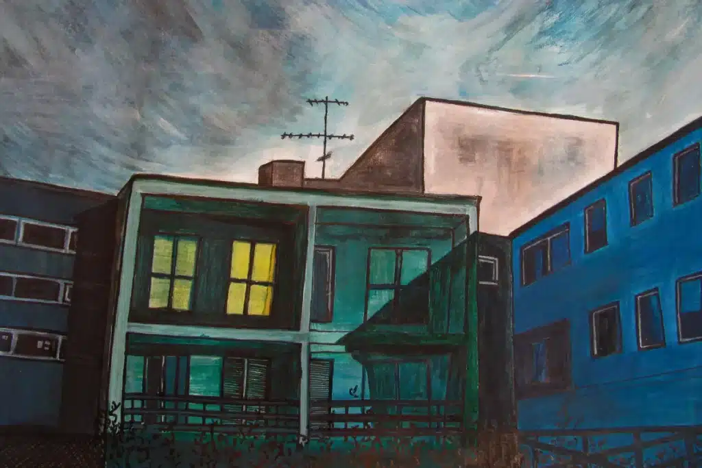 Acryl- und Tuschebild Häuserkomplex – Susanne Odefey