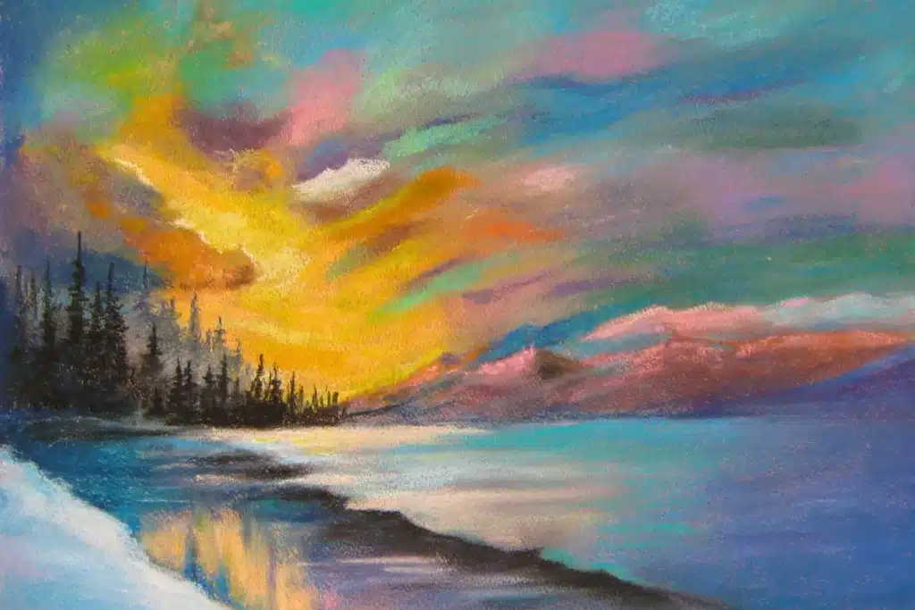 Pastellbild nordische Landschaft mit Polarlicht – Christiane Odefey
