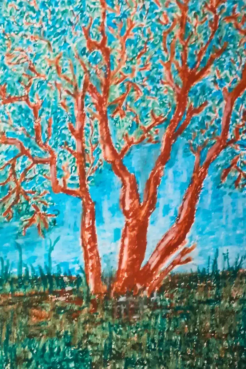 Pastellbild Baumskizze in Rot und Blau – Susanne Odefey