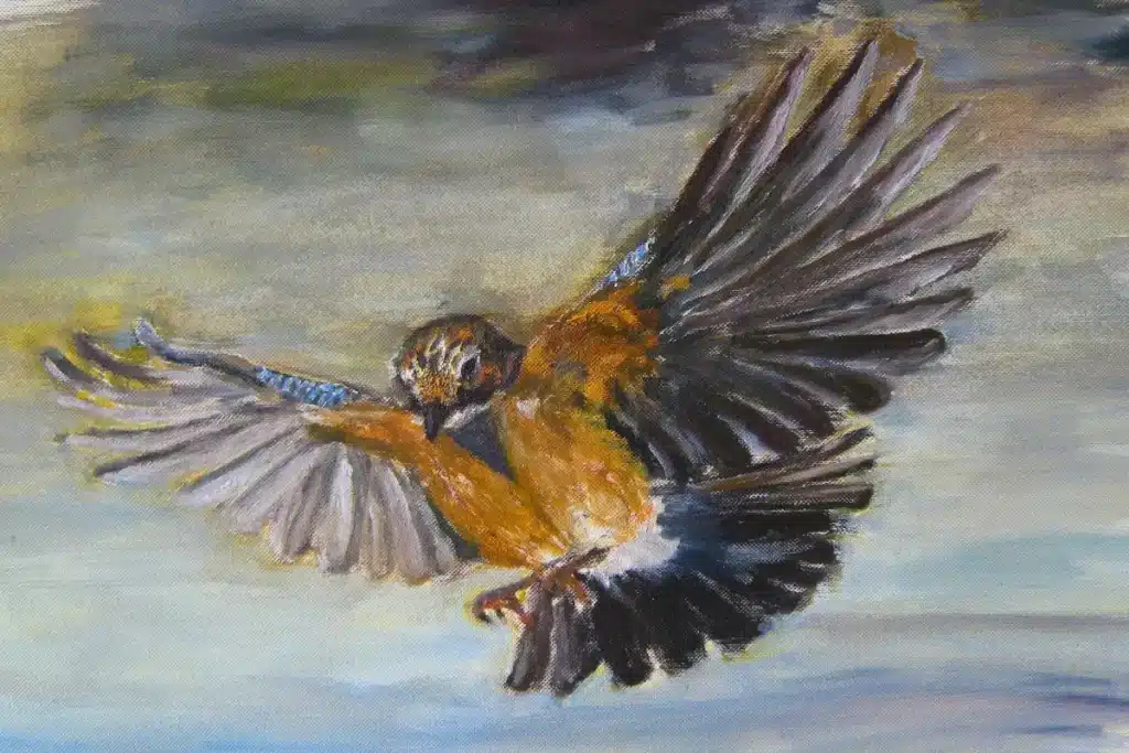 Ölbild fliegender Eichelhäher – Christiane Odefey