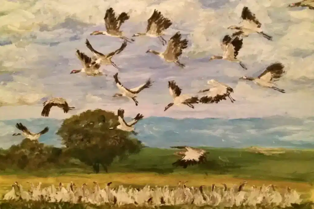 Ölbild ziehende Kraniche über Feld – Christiane Odefey