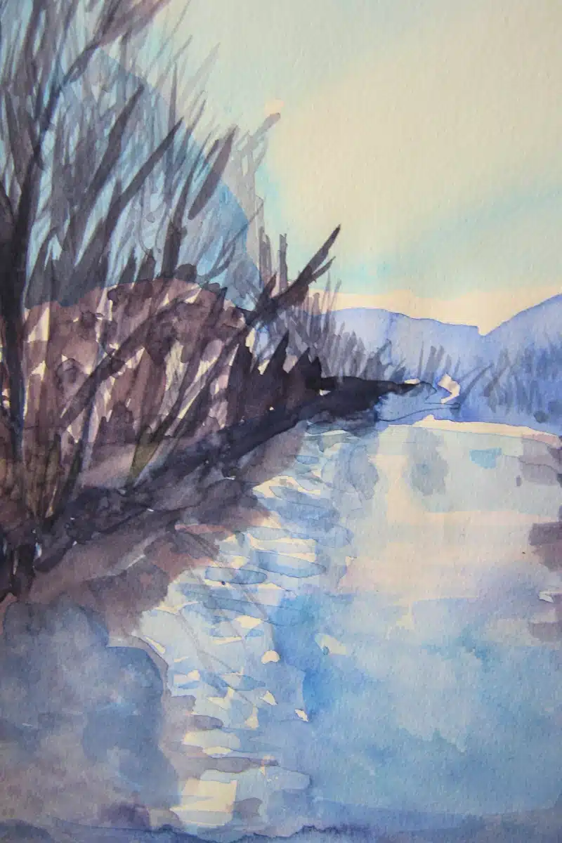 Aquarell Flusslandschaft Saale im Gegenlicht – Christiane Odefey