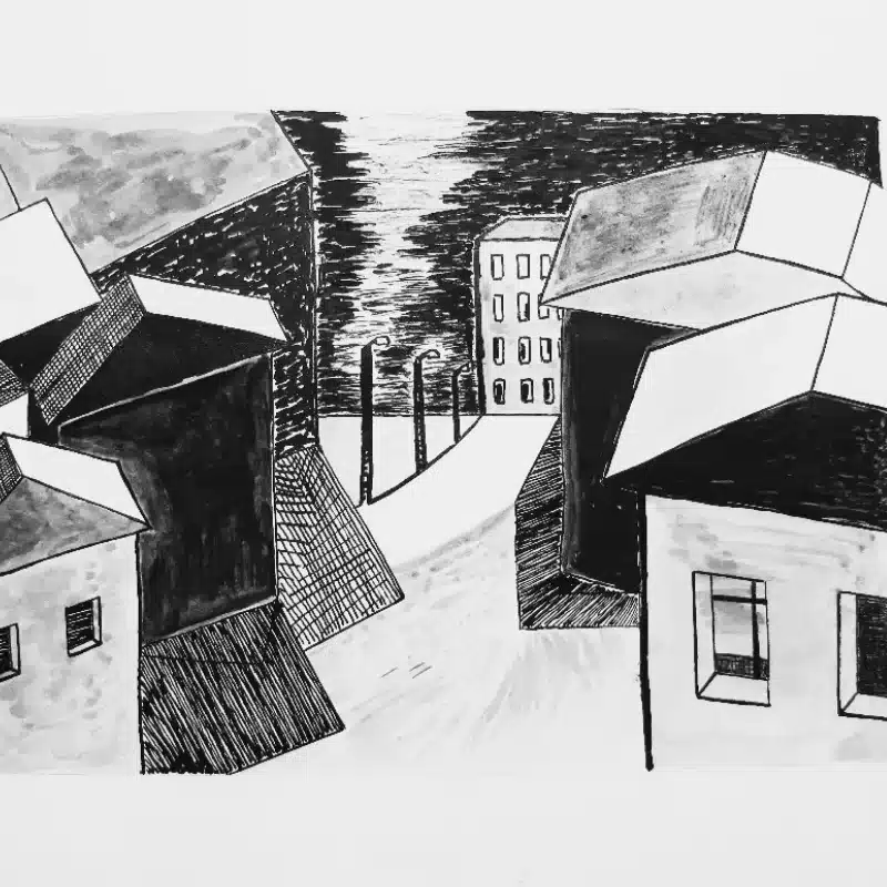 Tuschezeichnung Häuser und Straße – Susanne Odefey