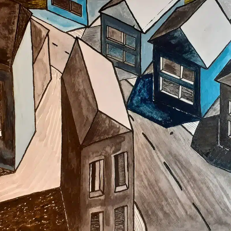 Tusche- und Aquarellzeichnung bunte Häuser – Susanne Odefey