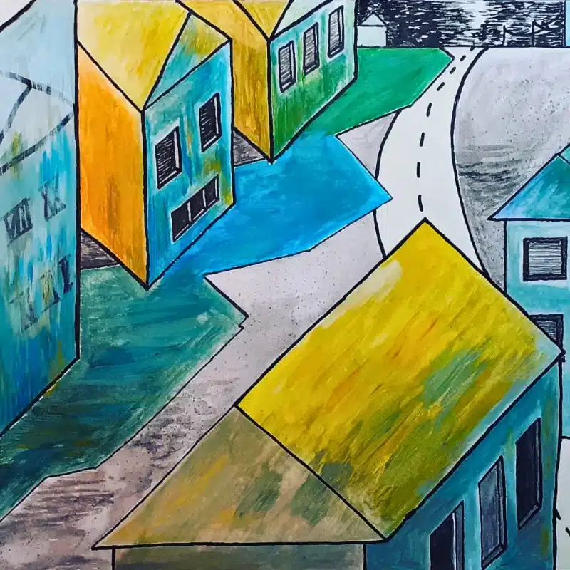 Tusche- und Aquarellzeichnung farbige Häuserfront – Susanne Odefey
