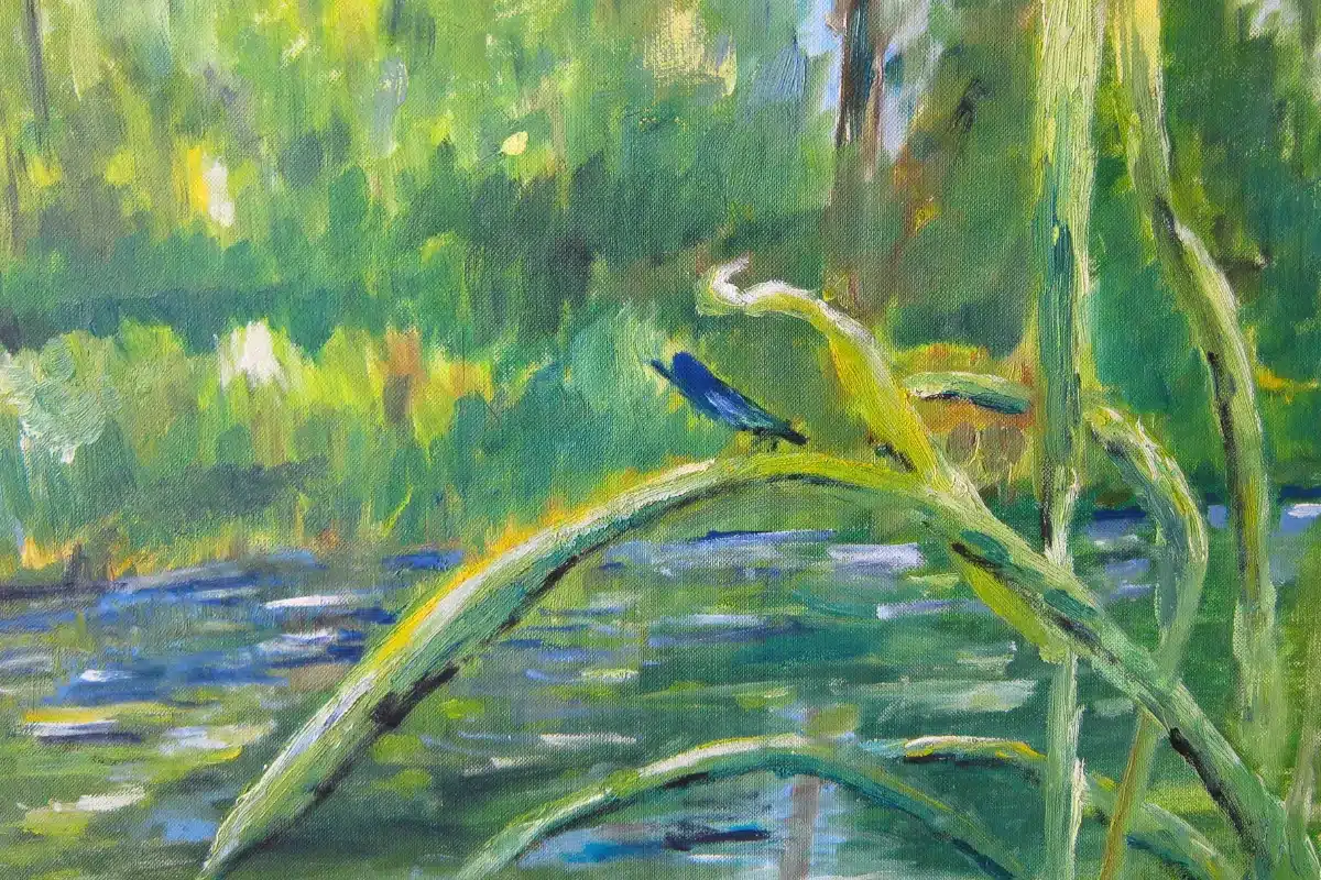 Ölbild blaue Prachtlibelle am Wasser – Christiane Odefey