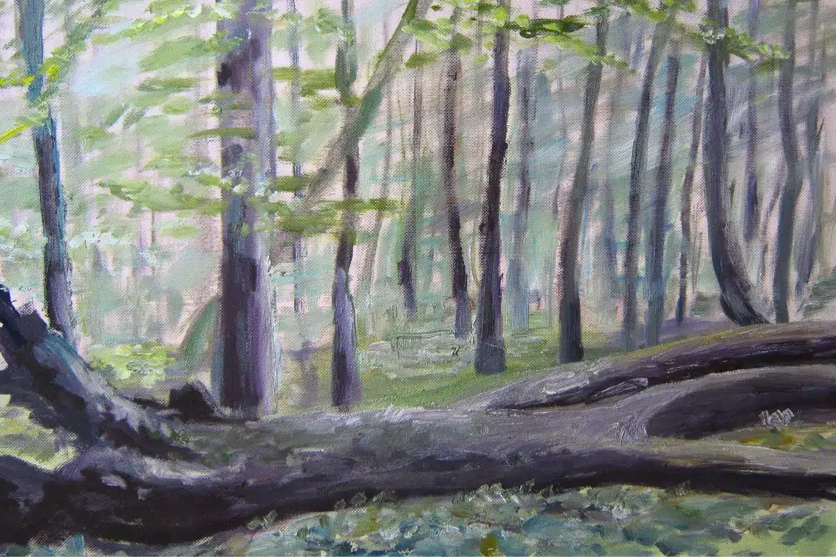 Ölbild Buchenwald mit umgestürztem Baumstamm – Christiane Odefey